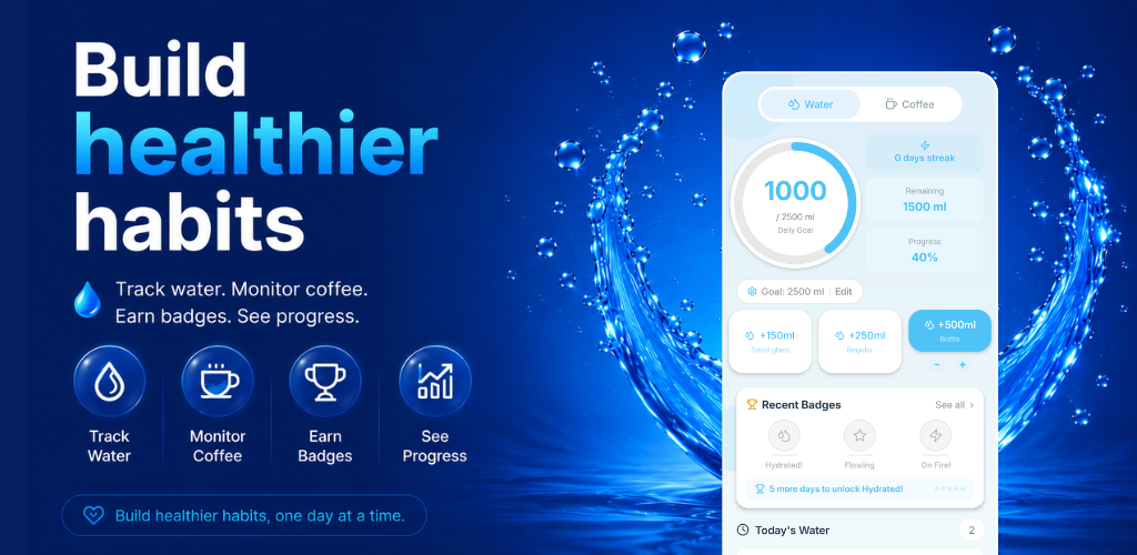 Daily Water & Coffee Tracker — track water, monitor coffee, earn badges, and see your progress