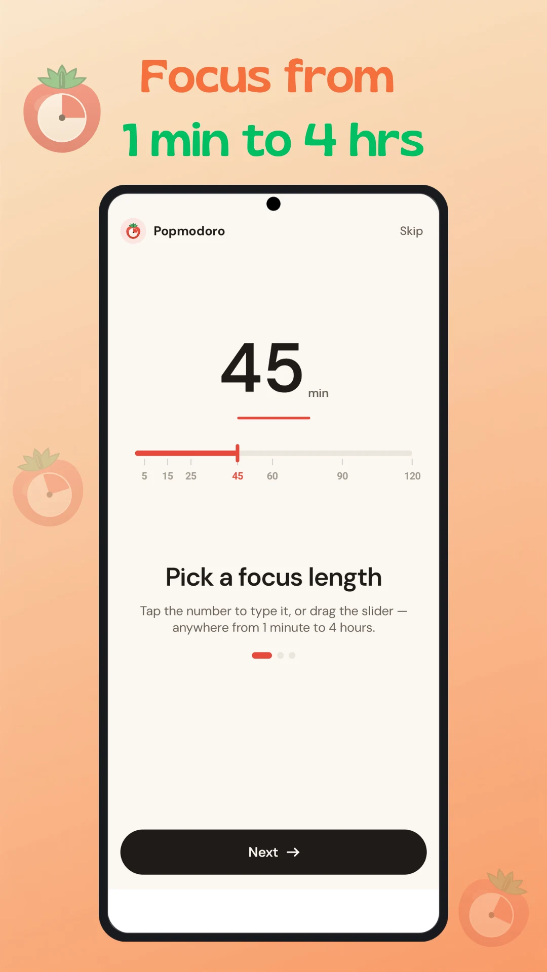 Popmodoro focus length picker — choose any duration from 1 minute to 4 hours