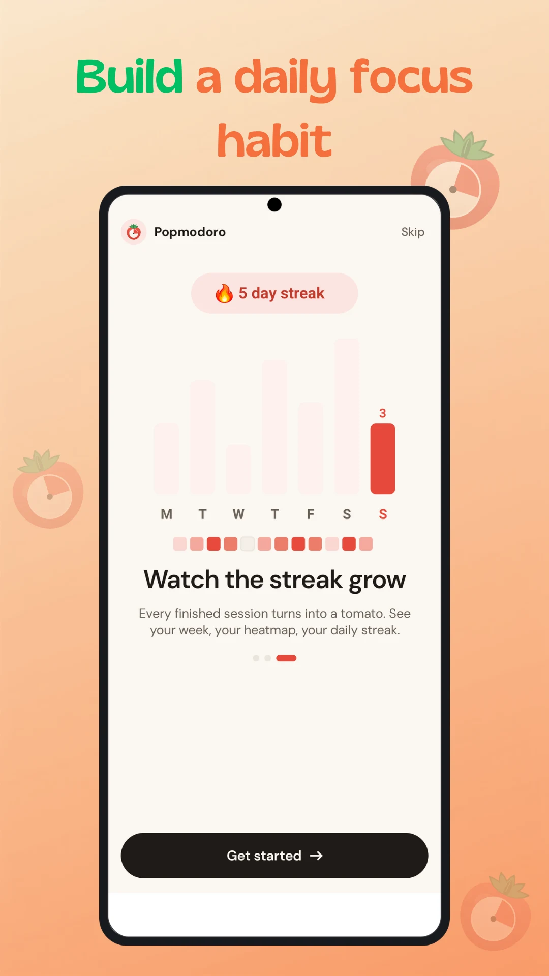 Popmodoro stats screen — daily streak, weekly chart and focus heatmap